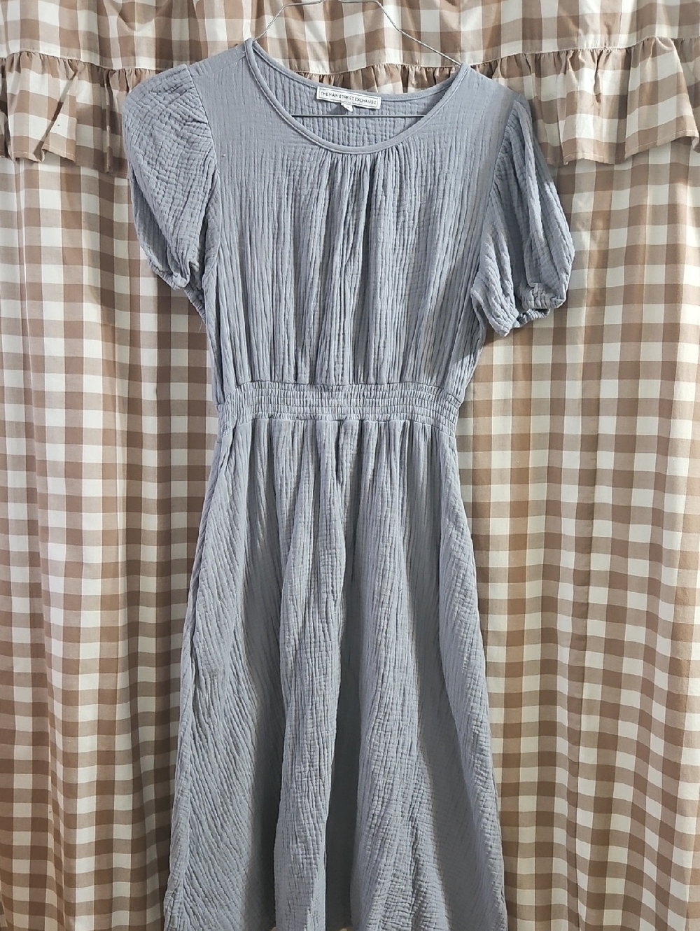Dusty Blue Midi Dress with Puff Sleeves
